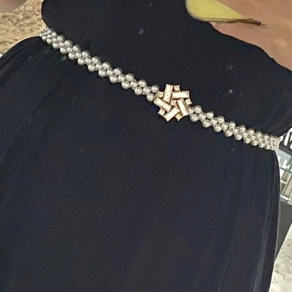 Faux white pearl beaded rhinestone wedding elastic stretch waist statement belt - Picture 6 of 7